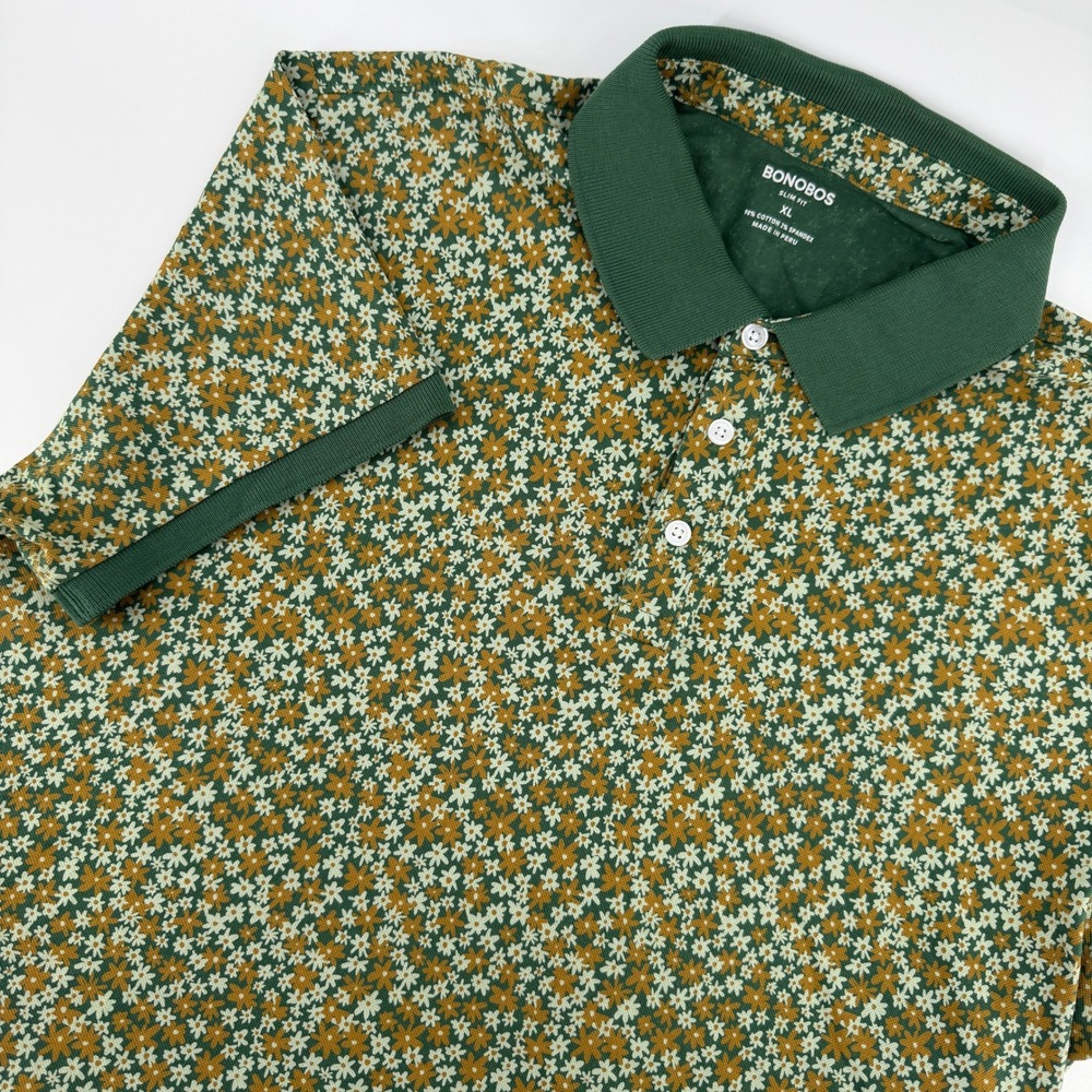 Bonobos Polo Shirt Mens XL Green Floral Daisy Print Slim Fit Short Sleeve